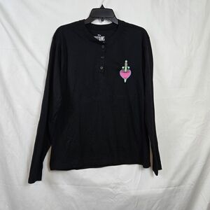 Disney Villains Loot Crate Exclusive Black Long Sleeve Embroidered Henley Tee XL